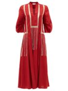 Matchesfashion.com Gabriela Hearst - Orpheus Macram-panel Aloe-linen Midi Dress - Womens - Red
