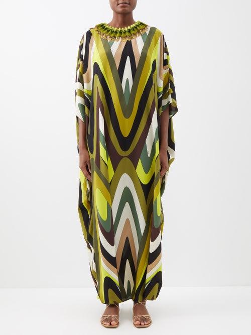 Pucci - Beaded Moire-print Silk-crepe Kaftan - Womens - Green Print