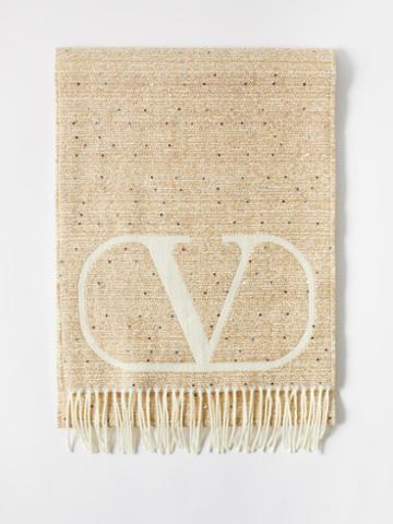 Valentino - V-logo Sequinned Wool-blend Scarf - Womens - White Gold Multi