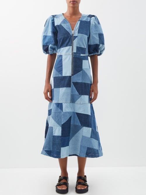 Sea - Diego Puff-sleeve Patchwork Denim Midi Dress - Womens - Denim
