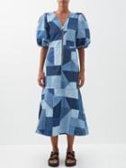 Sea - Diego Puff-sleeve Patchwork Denim Midi Dress - Womens - Denim