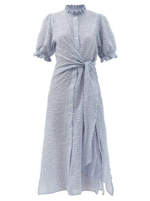Matchesfashion.com Belize - Leah Tie-waist Check Cotton-blend Seersucker Dress - Womens - Blue Multi