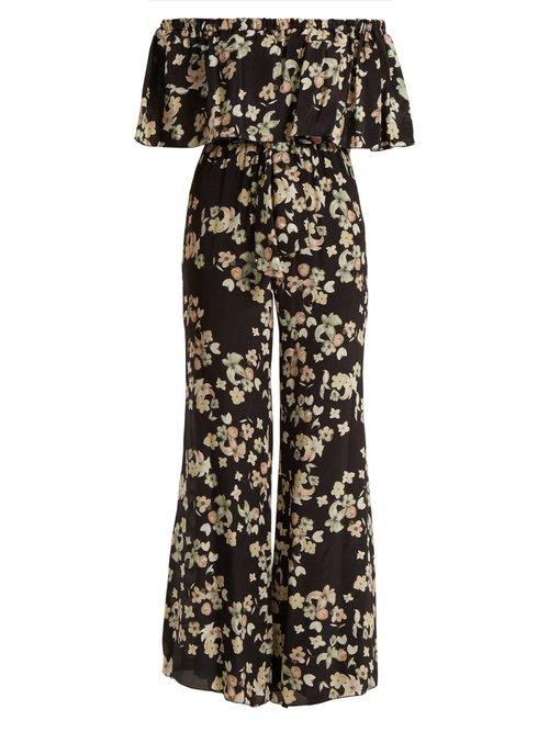 Matchesfashion.com Athena Procopiou - Wild Grace Off The Shoulder Silk Jumpsuit - Womens - Black Multi