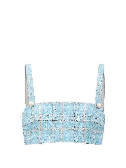 Alessandra Rich - Lam-check Tweed Cropped Top - Womens - Blue