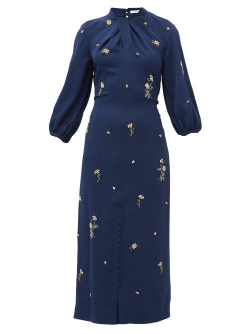 Matchesfashion.com Erdem - Finnetta Beaded-flower Crepe Midi Dress - Womens - Navy