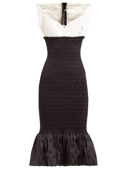 Matchesfashion.com Emilio De La Morena - Shirred Polka Dot Jacquard Midi Dress - Womens - Black White