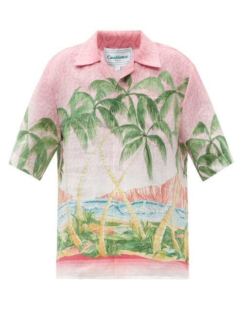 Matchesfashion.com Casablanca - Cuban-collar Palm-print Linen Short-sleeved Shirt - Mens - Pink