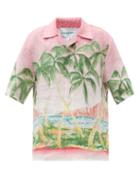 Matchesfashion.com Casablanca - Cuban-collar Palm-print Linen Short-sleeved Shirt - Mens - Pink