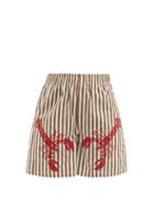 Bode - Lobster-print Striped Cotton Shorts - Womens - Brown Multi