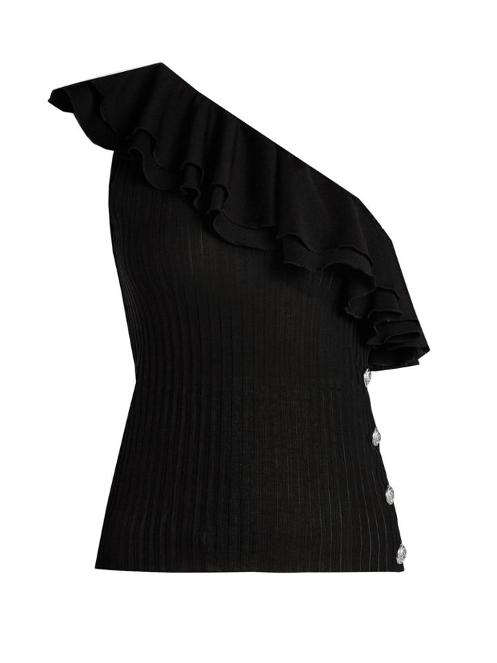 Balmain Ruffle-trimmed One-shoulder Ribbed-knit Top