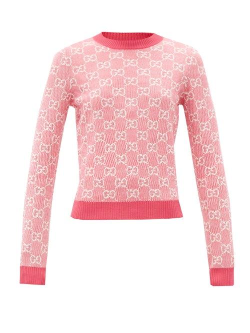 Ladies Rtw Gucci - Gg-jacquard Wool-blend Sweater - Womens - Pink White