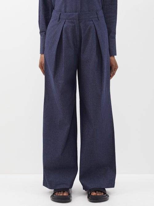 Co - Pleated Wide-leg Cotton-chambray Trousers - Womens - Dark Blue