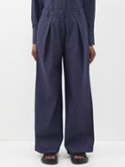 Co - Pleated Wide-leg Cotton-chambray Trousers - Womens - Dark Blue