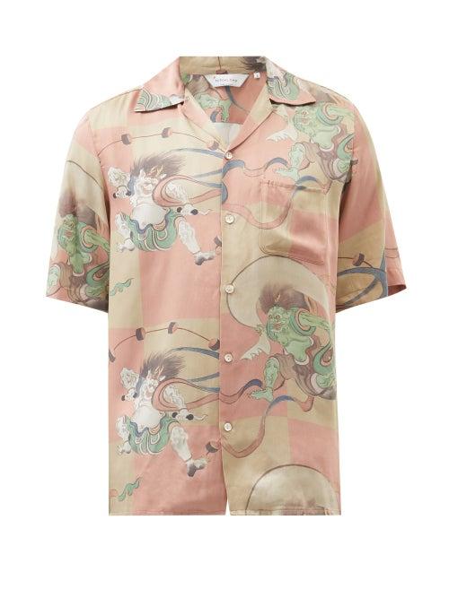 Nipoaloha - Wind God-print Silk Shirt - Mens - Pink Multi