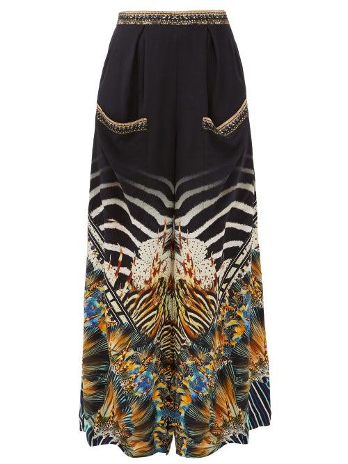 Matchesfashion.com Camilla - Lost Paradise Underwater-print Silk-crepe Trousers - Womens - Black Multi