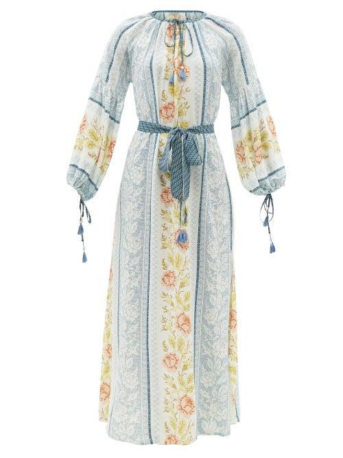 Ladies Beachwear D'ascoli - Alina Tasselled Floral-print Silk-crepe Dress - Womens - Blue