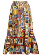 Matchesfashion.com Stella Jean - Ikat Print Ruffled Hem Cotton Blend Midi Skirt - Womens - Multi
