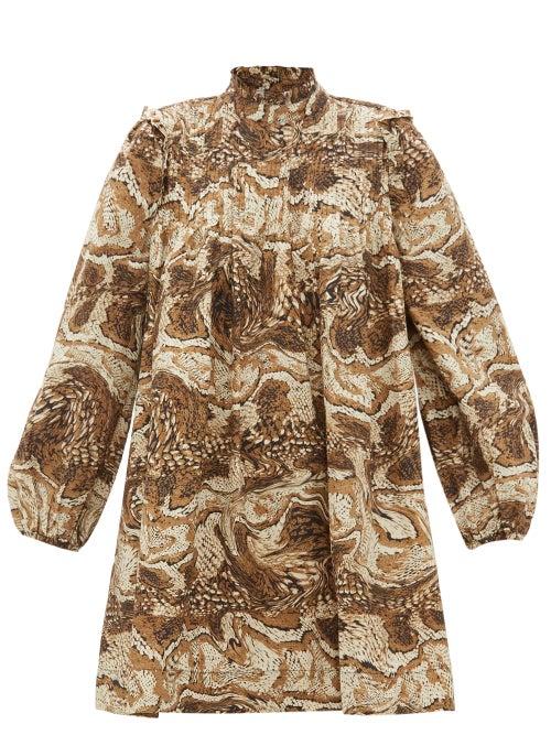 Matchesfashion.com Ganni - High Neck Tiger's Eye Print Mini Smock Dress - Womens - Beige