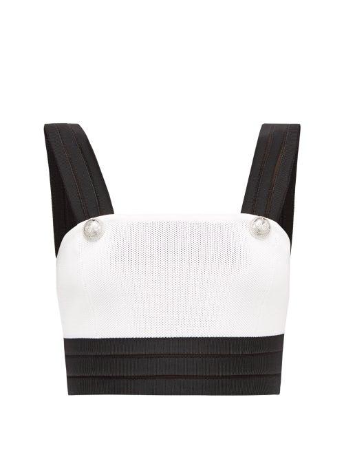 Matchesfashion.com Balmain - Crest-button Boned Piqu Cropped Top - Womens - White Black