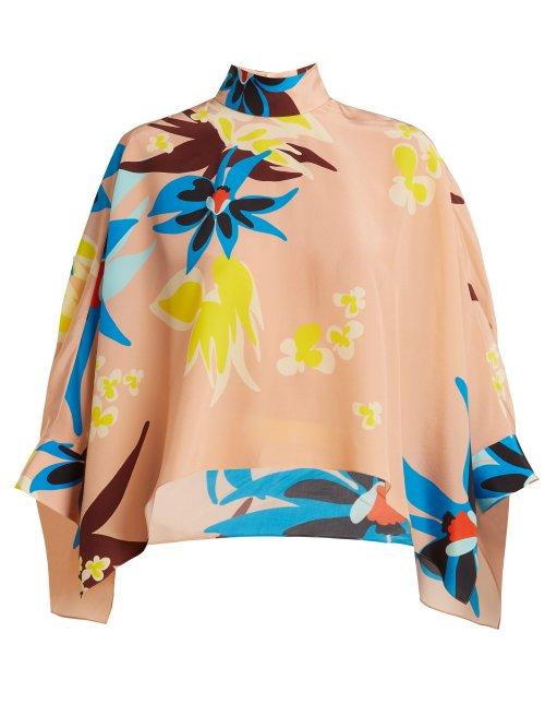 Matchesfashion.com Delpozo - Cape Sleeve Hibiscus Print Silk Blouse - Womens - Beige Print