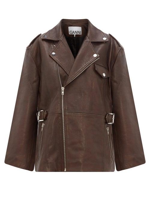 Matchesfashion.com Ganni - Oversized Grained Leather Biker Jacket - Womens - Dark Brown