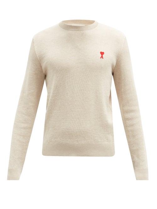 Matchesfashion.com Ami - Ami De Caur-embroidered Merino-wool Sweater - Mens - Light Beige