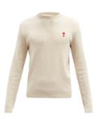 Matchesfashion.com Ami - Ami De Caur-embroidered Merino-wool Sweater - Mens - Light Beige