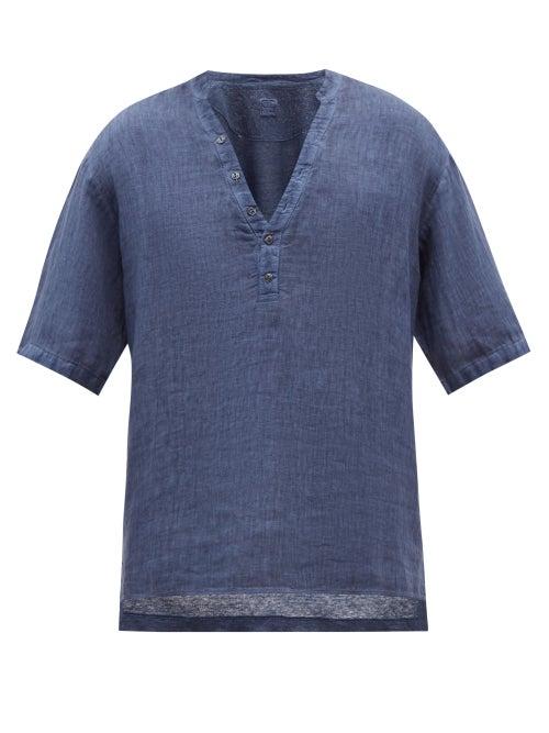 120 Lino 120% Lino - Collarless Half-button Linen Shirt - Mens - Navy
