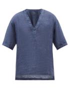 120 Lino 120% Lino - Collarless Half-button Linen Shirt - Mens - Navy