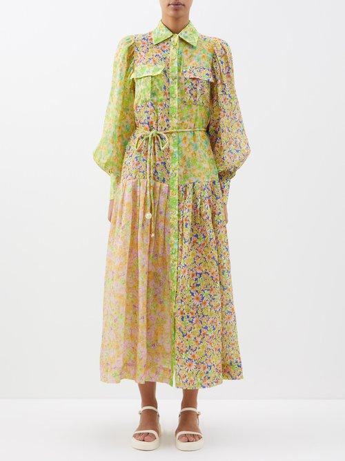 Ale Mais - Daisy Floral-print Patchwork Ramie Dress - Womens - Yellow Multi