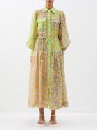 Ale Mais - Daisy Floral-print Patchwork Ramie Dress - Womens - Yellow Multi