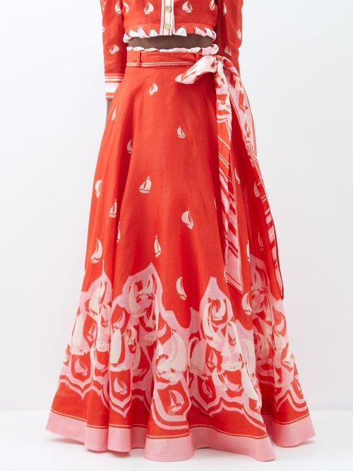 Zimmermann - High Tide Eyelet Printed Linen-blend Maxi Skirt - Womens - Red Print