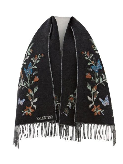 Valentino - Floral-jacquard Wool-blend Poncho - Womens - Black & White