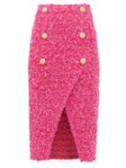 Balmain - Wrap-effect Lurex-tweed Pencil Skirt - Womens - Pink