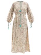 D'ascoli - Agatha Tasselled Floral-print Cotton-khadi Dress - Womens - Apricot