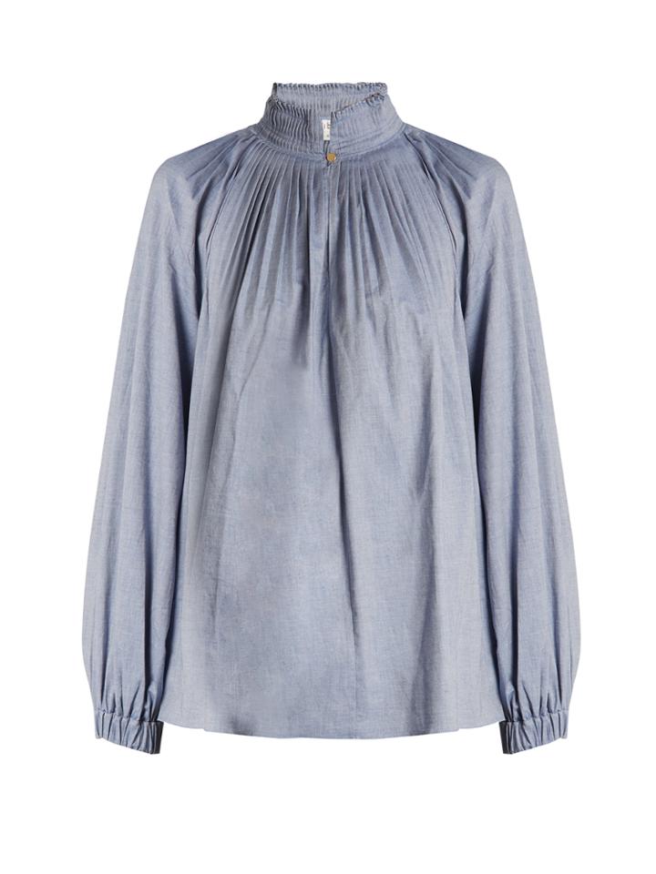 Tibi Pleated-collar Chambray Blouse