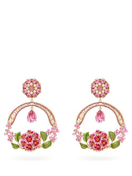 Matchesfashion.com Dolce & Gabbana - Floral Bloom Crystal And Enamel Drop Clip Earrings - Womens - Pink
