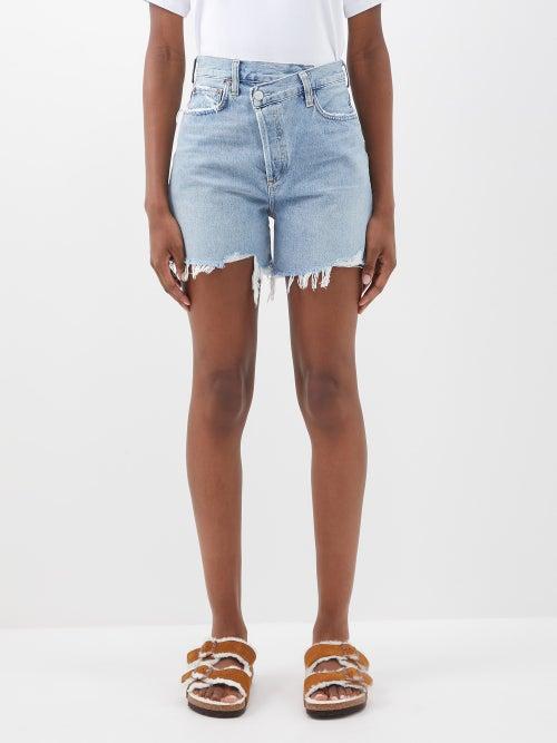 Agolde - Criss Cross Distressed Organic-cotton Denim Shorts - Womens - Blue