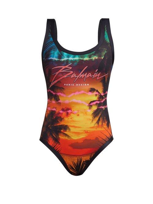 Matchesfashion.com Balmain - Sunset Logo Print Swimsuit - Womens - Black Multi