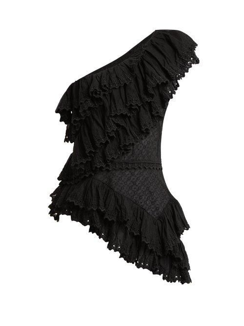 Matchesfashion.com Isabel Marant - Zellery One Shoulder Broderie Anglaise Cotton Top - Womens - Black