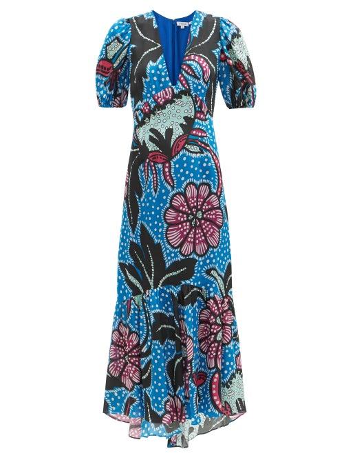 Matchesfashion.com Rhode - Esther Puff-sleeve Floral-print Poplin Maxi Dress - Womens - Blue Print