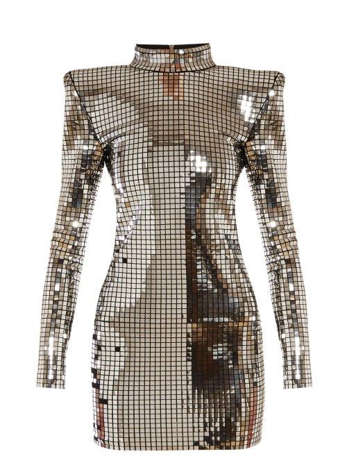 Matchesfashion.com Balmain - Mirrored High Neck Mini Dress - Womens - Black Silver