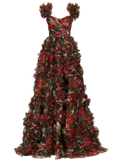 Matchesfashion.com Dolce & Gabbana - Ruffled Geranium Print Silk Organza Gown - Womens - Red Multi