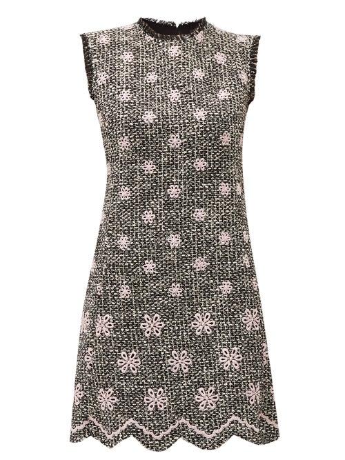 Matchesfashion.com Giambattista Valli - Embroidered Flower Boucl Tweed Shift Dress - Womens - Black Pink