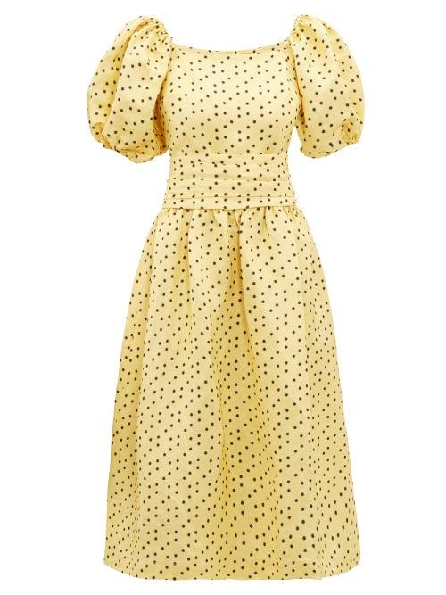 Matchesfashion.com Shrimps - Eden Polka Dot Linen Blend Faille Dress - Womens - Yellow