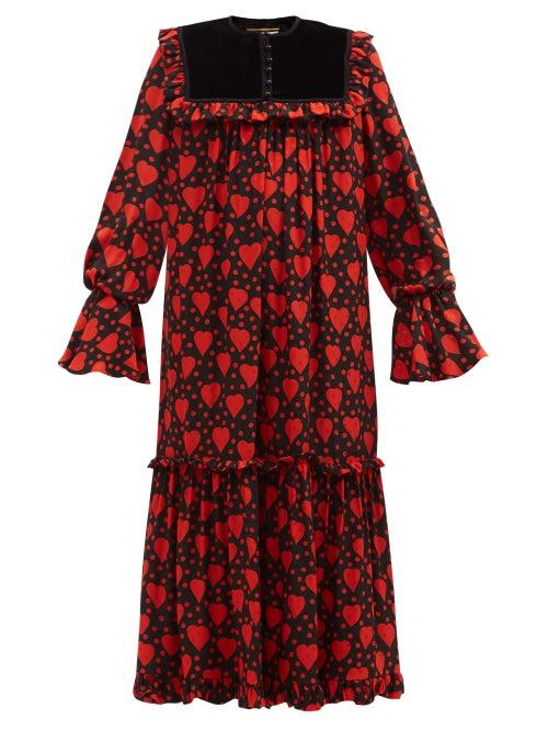 Saint Laurent - Ruffled Heart-print Silk-faille Midi Dress - Womens - Red Print