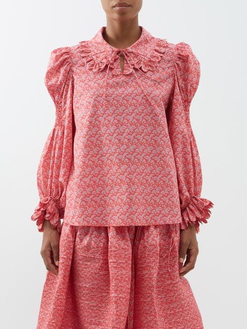Horror Vacui - Ferida Poppy-print Smocked-cotton Blouse - Womens - Red Print