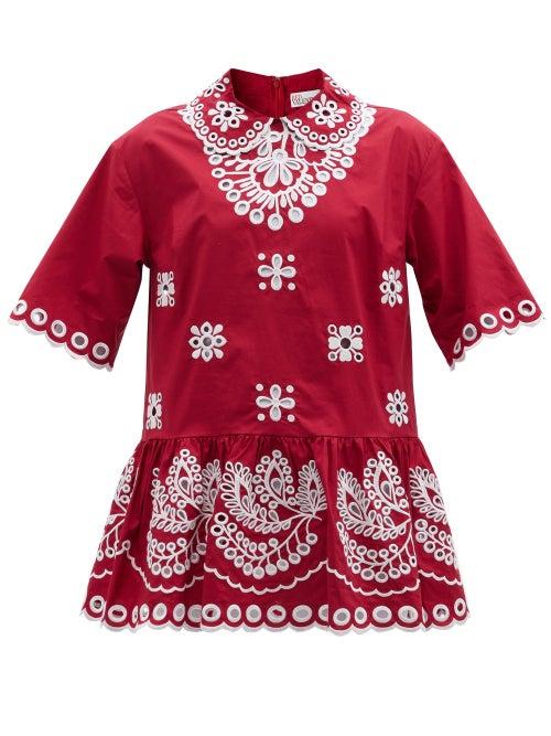 Matchesfashion.com Redvalentino - Sangallo-embroidered Cotton-blend Poplin Blouse - Womens - Red White