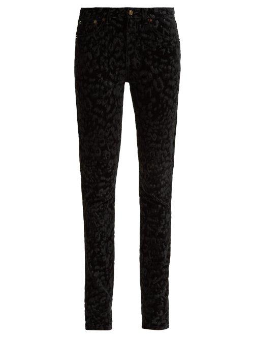 Matchesfashion.com Saint Laurent - Flocked Velvet Leopard Print Jeans - Womens - Black