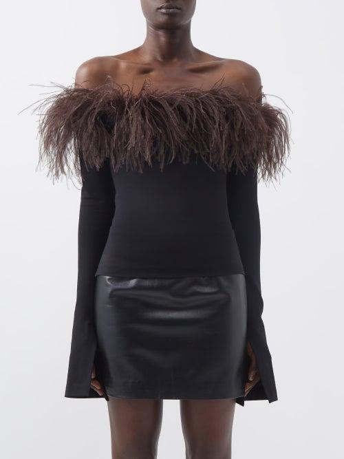 16arlington - Orion Feather-trim Off-the-shoulder Top - Womens - Black Brown